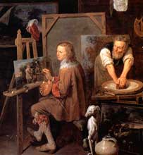 Peinture d’atelier représentant un peintre à l’ouvrage et un artisan préparant les pigments.